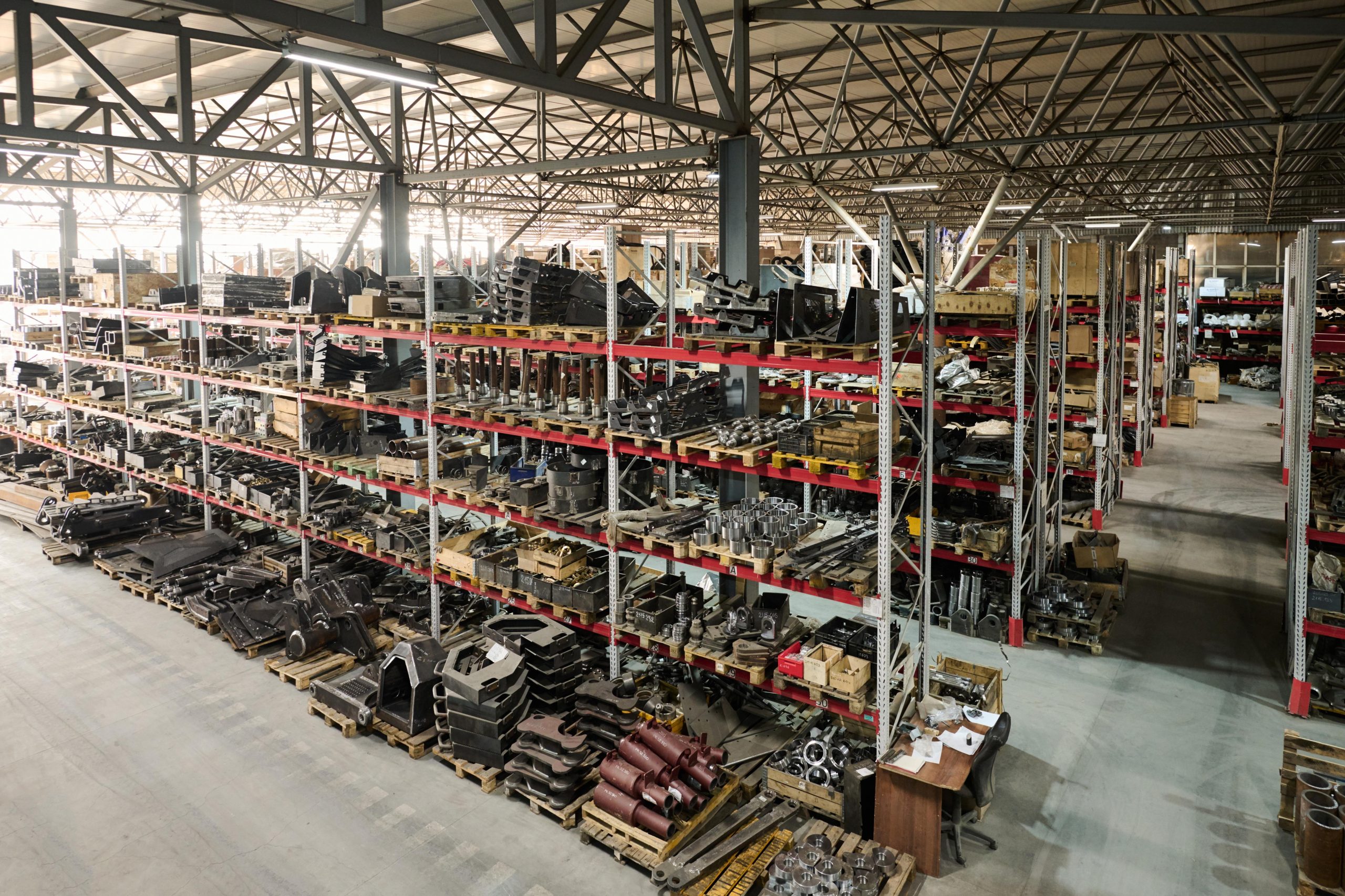 Industrial spare parts stored in a large warehouse