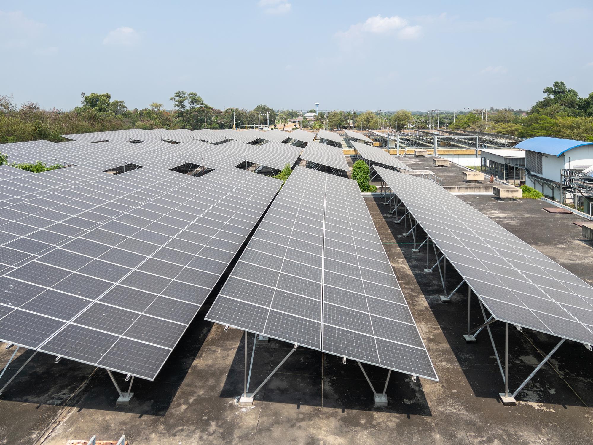 Rows of solar panels at a solar farm