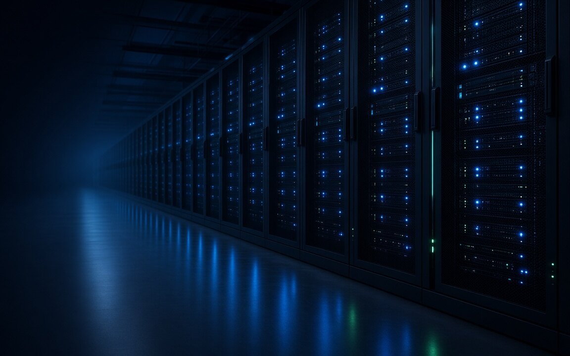 Server room with rows of enterprise racks