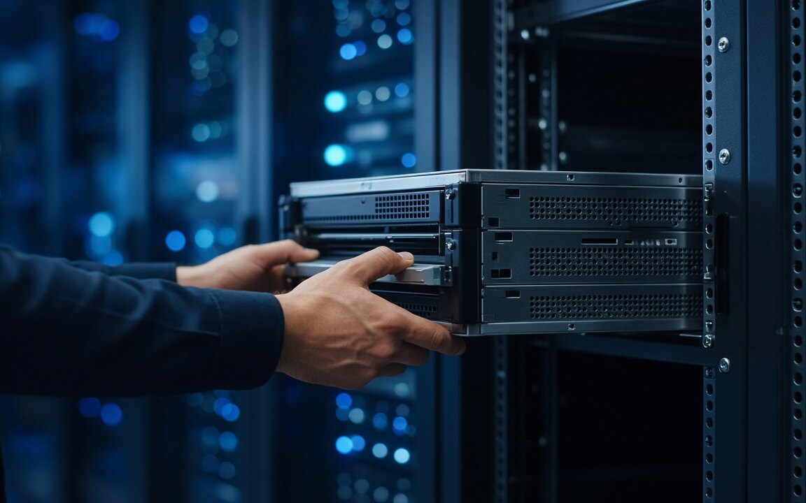 Technician installing enterprise server hardware