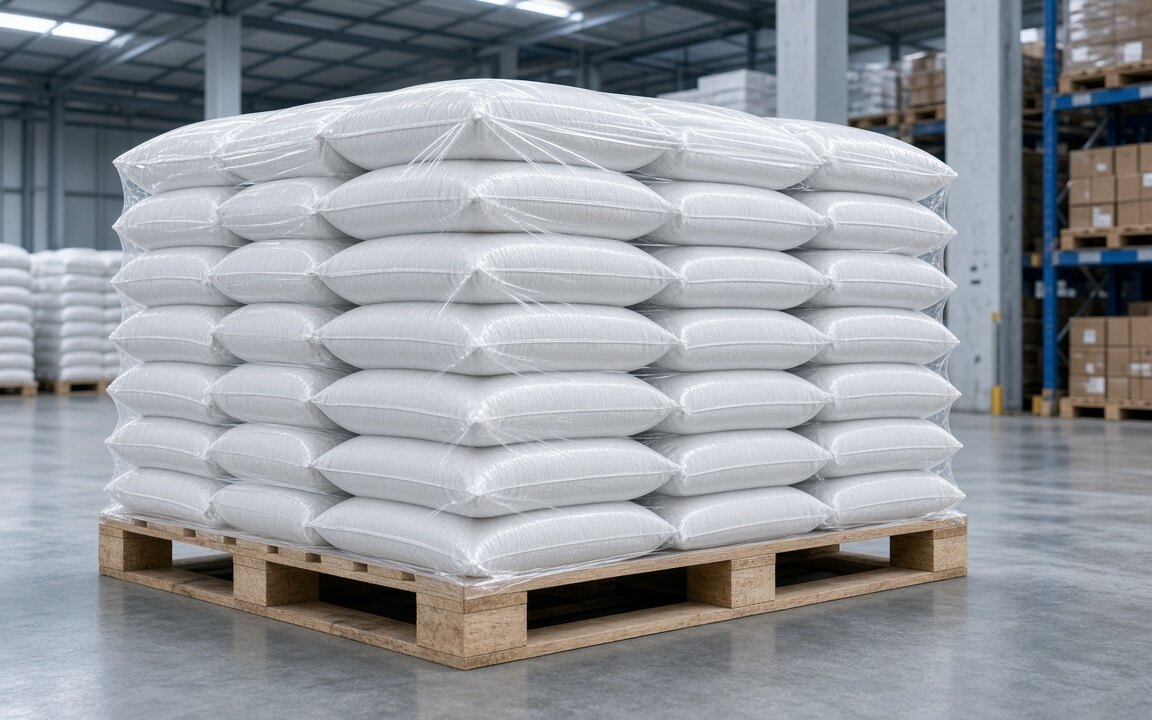 Polymer granules in bags on pallets
